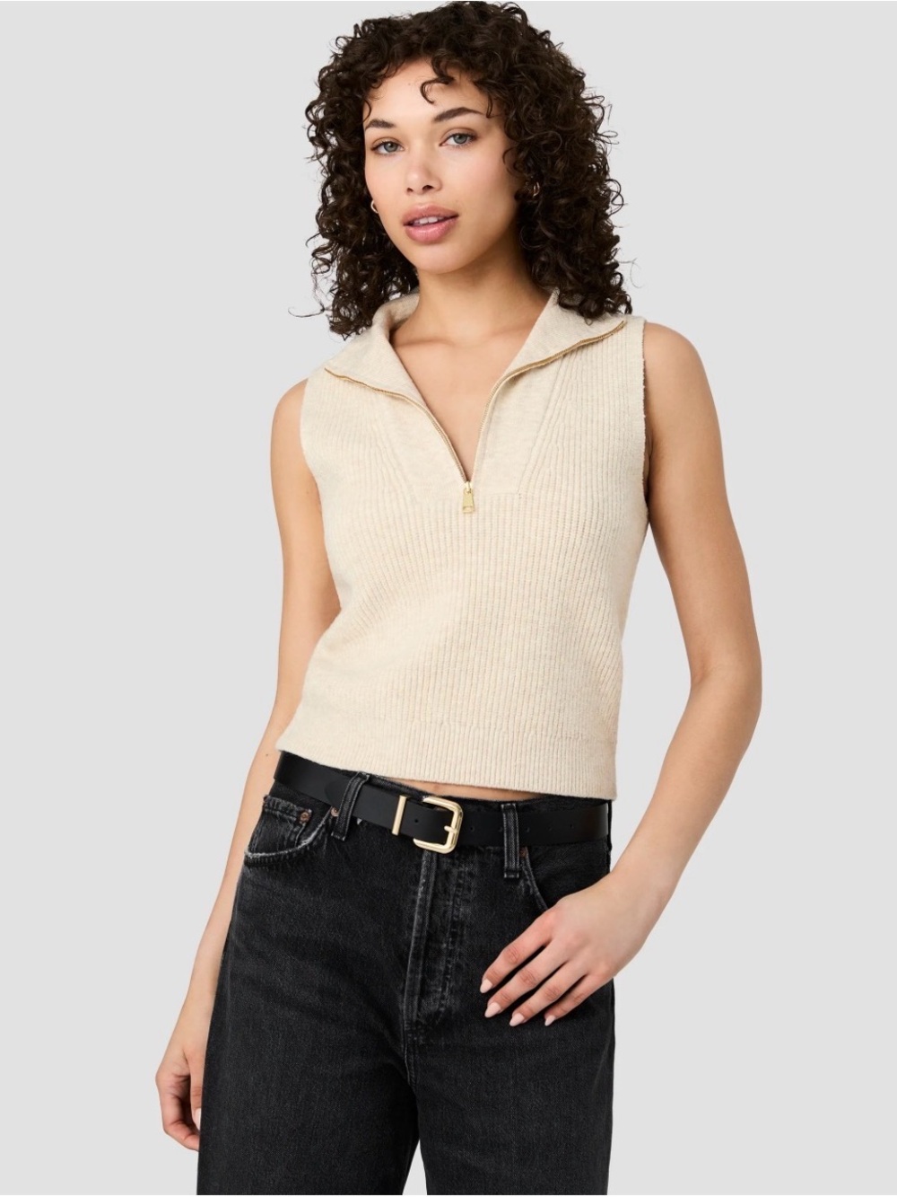 Sleeveless Zip-Front Knit Sweater Tank in Cream